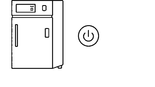 Line drawing of a vaccine fridge and a power symbol.